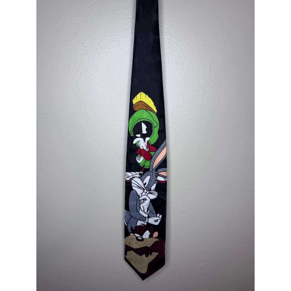 Vintage 1996 Looney Tunes Mania Tie Bugs Bunny Marvin Martian Taz Black Mens 90s